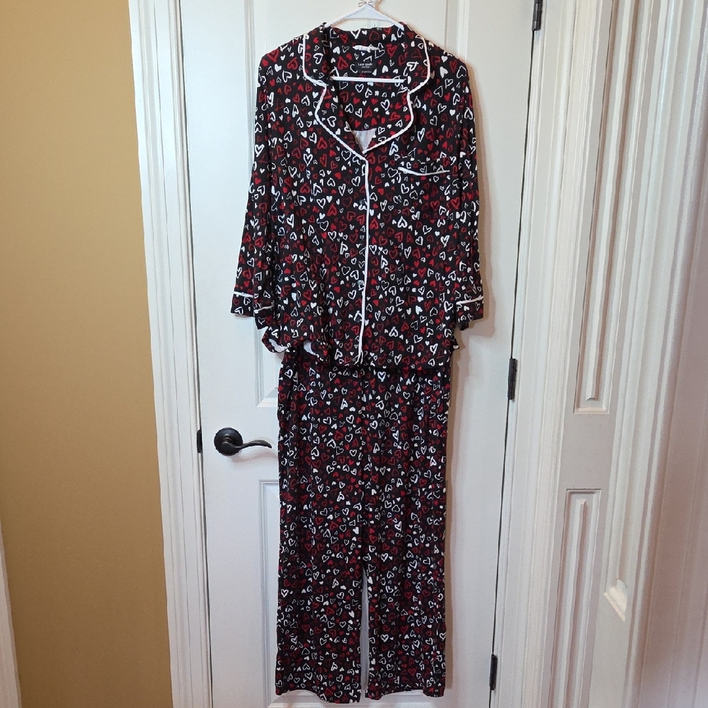 Kate Spade Black and Red Heart Pattern Pajama Set In XL